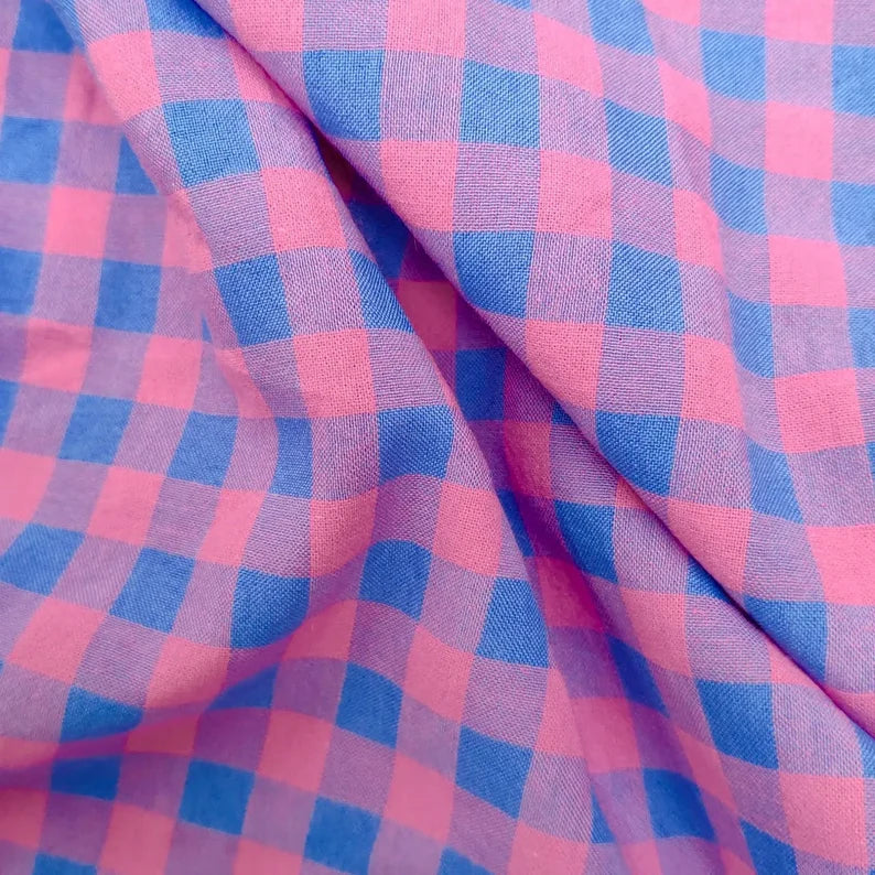 Yarn Died 3-Color Cotton Gingham Bubble - Vivid Pink and Blue | PRICED PER METER