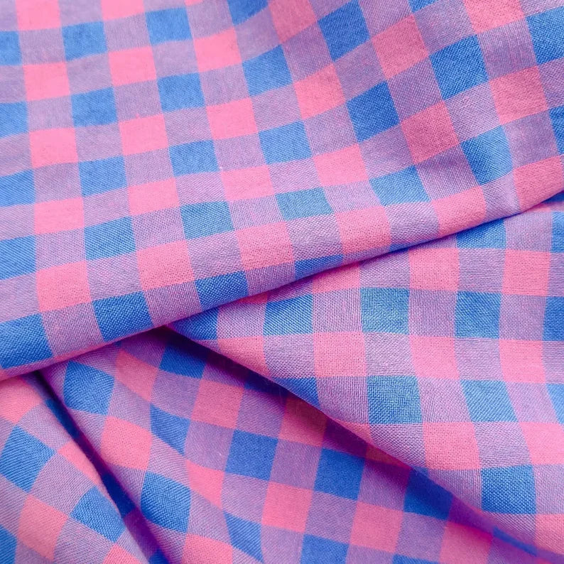 Yarn Died 3-Color Cotton Gingham Bubble - Vivid Pink and Blue | PRICED PER METER